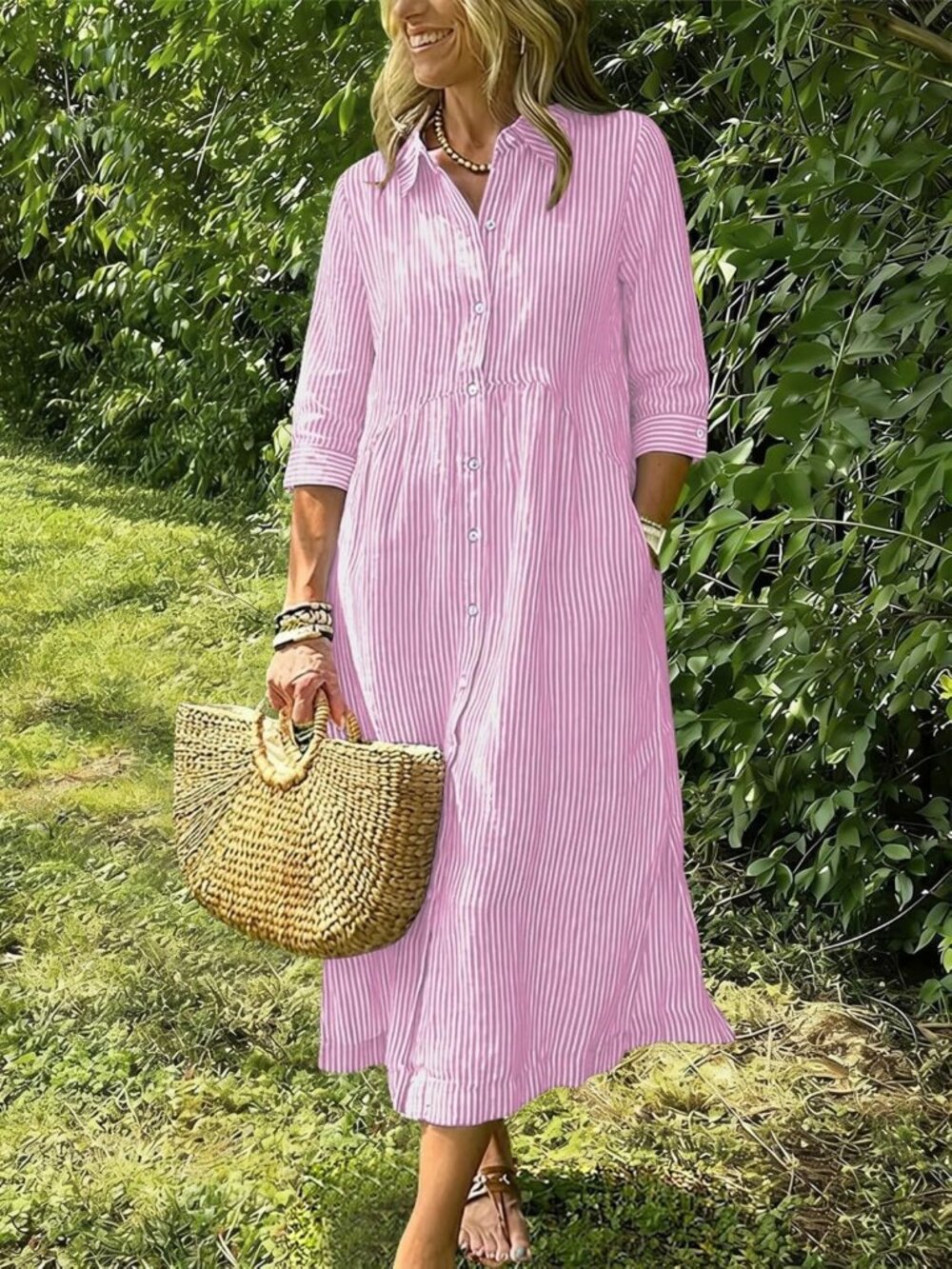 Boho Striped Button-Up Shirt Dress with 3/4 Sleeves, Side Slit & Pockets - Picture 4 of 5